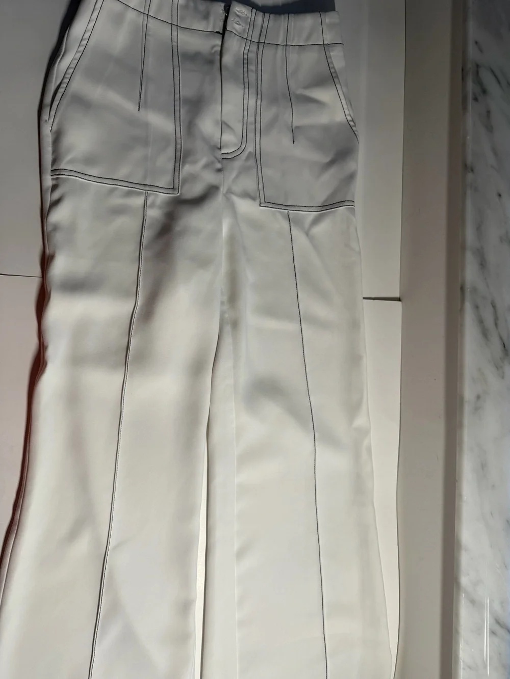 Women’s White High-Waisted Wide Leg Pants with Contrast Stitching